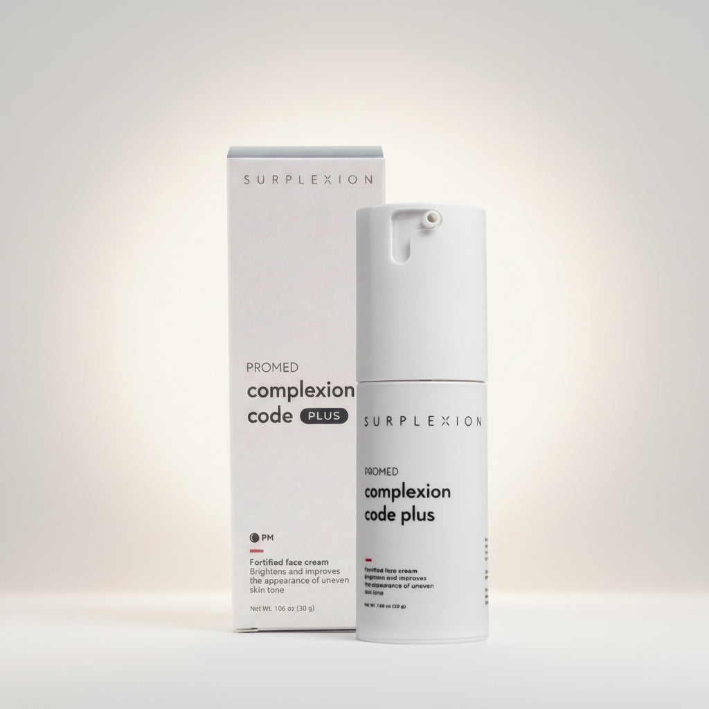Surplexion Promed Complexion Code Plus cream and packaging on a white background